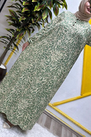 Kadın Tesettür Giyim Büyük Beden Yaprak Desenli Tam Robalı Elbise 