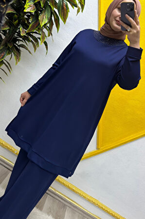 Kadın Tesettür Giyim Büyük Beden Pantolonlu Ecrin İkili Takım 