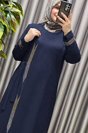 Kadın Tesettür Giyim Büyük Beden Şerit Taş Detaylı Abaya 