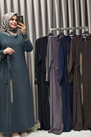 Kadın Tesettür Giyim Büyük Beden Şerit Taş Detaylı Abaya 