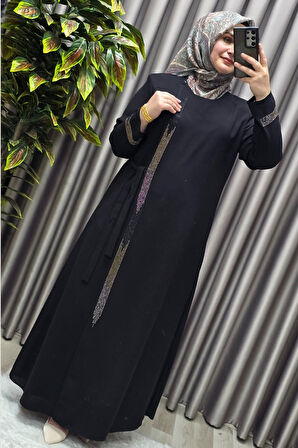 Kadın Tesettür Giyim Büyük Beden Şerit Taş Detaylı Abaya 