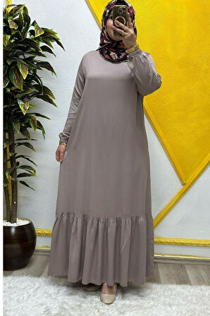 Kadın Tesettür Giyim Büyük Beden Düz Fırfırlı Elbise 