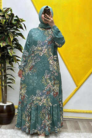 Kadın Tesettür Giyim Büyük Beden Palmiye Fırfırlı Elbise 