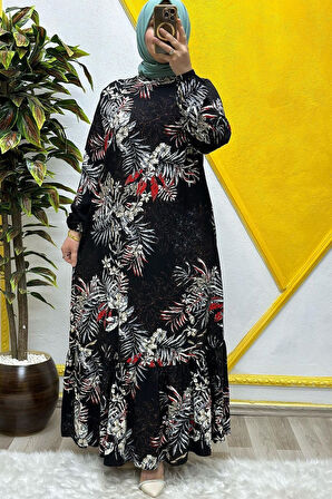 Kadın Tesettür Giyim Büyük Beden Palmiye Fırfırlı Elbise 