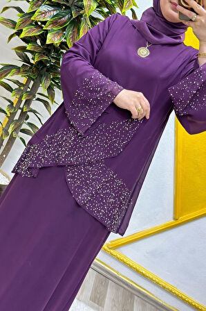 Kadın Tesettür Giyim Büyük Beden Çarpraz Taşlı Abiye 