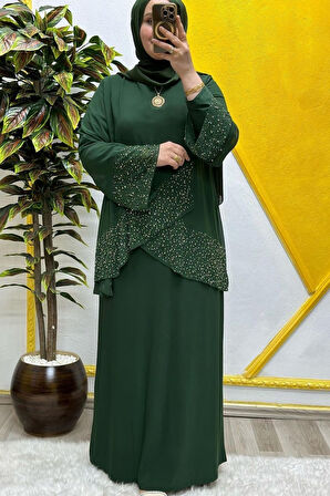 Kadın Tesettür Giyim Büyük Beden Çarpraz Taşlı Abiye 