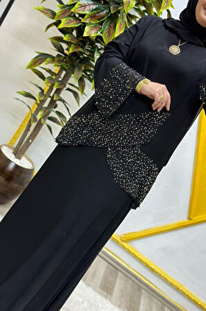 Kadın Tesettür Giyim Büyük Beden Çarpraz Taşlı Abiye 