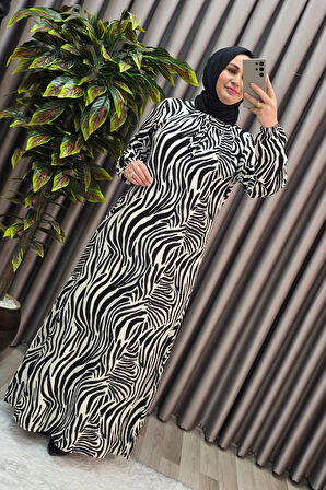 Kadın Tesettür Giyim Büyük Beden Zebra Desen Elbise 