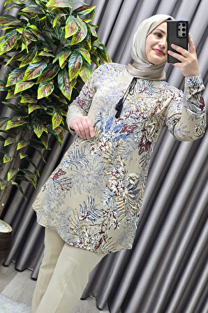 Kadın Tesettür Giyim Büyük Beden Palmiye Desen Tunik 
