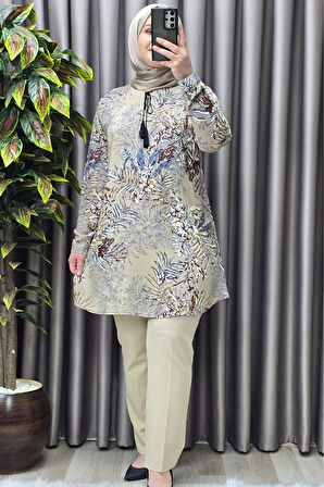 Kadın Tesettür Giyim Büyük Beden Palmiye Desen Tunik 
