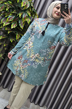 Kadın Tesettür Giyim Büyük Beden Palmiye Desen Tunik 