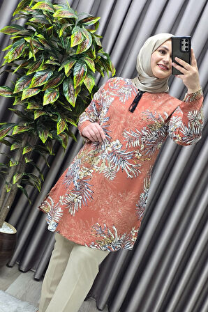 Kadın Tesettür Giyim Büyük Beden Palmiye Desen Tunik 