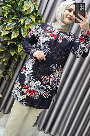 Kadın Tesettür Giyim Büyük Beden Palmiye Desen Tunik 
