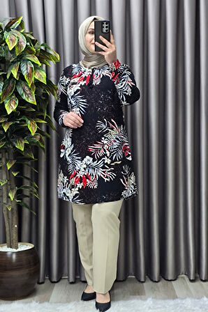 Kadın Tesettür Giyim Büyük Beden Palmiye Desen Tunik 