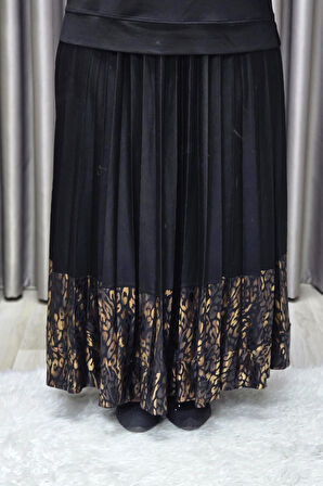 Kadın Tesettür Giyim Büyük Beden Pileli Leopar Desenli Etekli Takım 