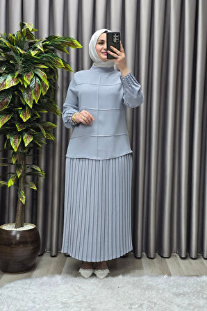 Kadın Tesettür Giyim Büyük Beden Krep Etekli Takım 