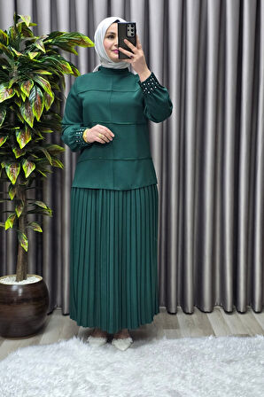 Kadın Tesettür Giyim Büyük Beden Krep Etekli Takım 