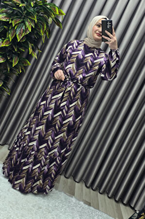 Kadın Tesettür Giyim Büyük Beden Viscon Desenli Elbise 