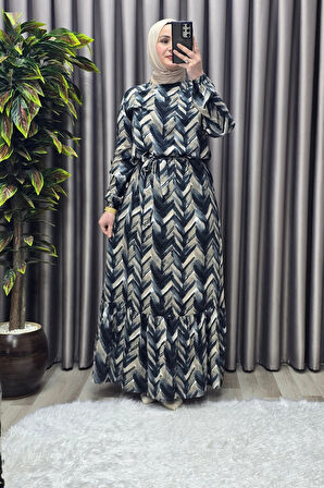 Kadın Tesettür Giyim Büyük Beden Viscon Desenli Elbise 
