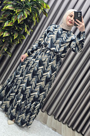 Kadın Tesettür Giyim Büyük Beden Viscon Desenli Elbise 