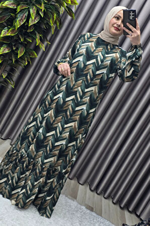 Kadın Tesettür Giyim Büyük Beden Viscon Desenli Elbise 