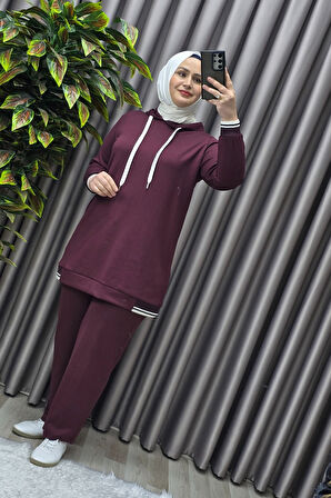 Kadın Tesettür Giyim Büyük Beden Kapşonlu Spor İkili Takım 