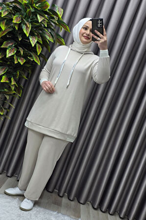 Kadın Tesettür Giyim Büyük Beden Kapşonlu Spor İkili Takım 
