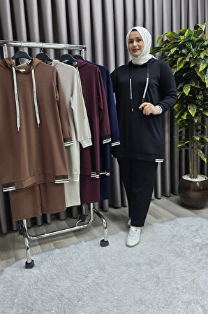 Kadın Tesettür Giyim Büyük Beden Kapşonlu Spor İkili Takım 