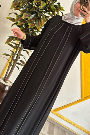 Kadın Tesettür Giyim Büyük Beden Şifon Şerit Taşlı Abiye 