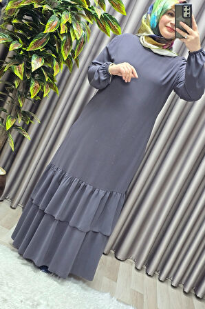 Kadın Tesettür Giyim Büyük Beden İki Katlı Krep Elbise 