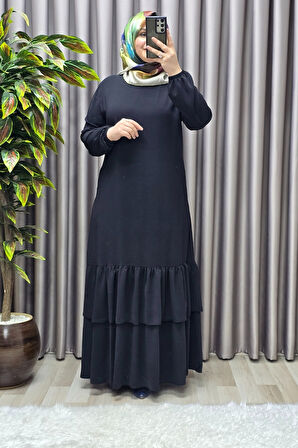 Kadın Tesettür Giyim Büyük Beden İki Katlı Krep Elbise 