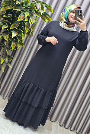 Kadın Tesettür Giyim Büyük Beden İki Katlı Krep Elbise 