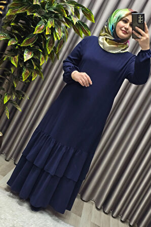 Kadın Tesettür Giyim Büyük Beden İki Katlı Krep Elbise 