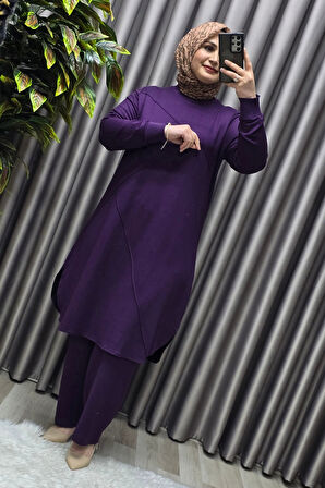Kadın Tesettür Büyük Beden Giyim Nervürlü İkili Takım 