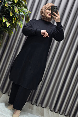 Kadın Tesettür Büyük Beden Giyim Nervürlü İkili Takım 