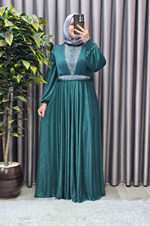 Kadın Tesettür Giyim Büyük Beden Simli Kübra Abiye 