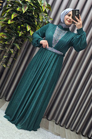 Kadın Tesettür Giyim Büyük Beden Simli Kübra Abiye 