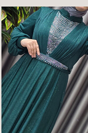 Kadın Tesettür Giyim Büyük Beden Simli Kübra Abiye 