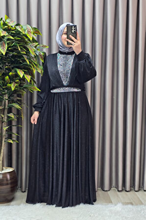 Kadın Tesettür Giyim Büyük Beden Simli Kübra Abiye 