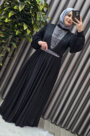 Kadın Tesettür Giyim Büyük Beden Simli Kübra Abiye 