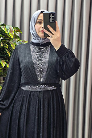 Kadın Tesettür Giyim Büyük Beden Simli Kübra Abiye 