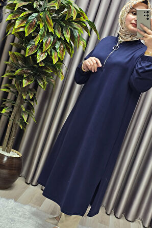 Kadın Tesettür Giyim Büyük Beden Fermuarlı 9354 Jumbo Uzun Tunik 