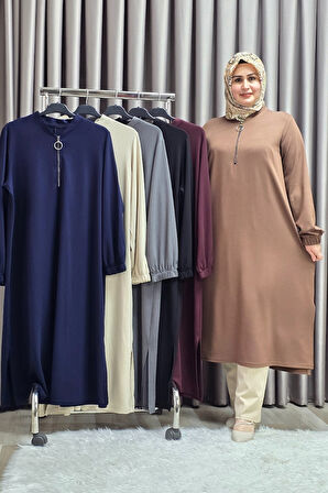 Kadın Tesettür Giyim Büyük Beden Fermuarlı 9354 Jumbo Uzun Tunik 