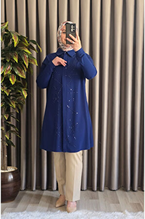 Kadın Tesettür Giyim Büyük Beden Suyolu Taşlı Gömlek 