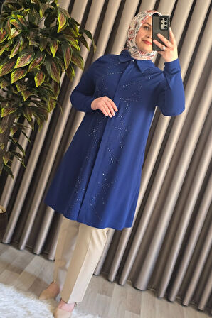 Kadın Tesettür Giyim Büyük Beden Suyolu Taşlı Gömlek 