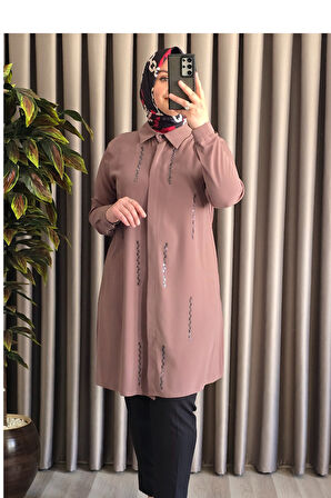 Kadın Tesettür Giyim Büyük Beden Şerit Taşlı Krep Gömlek 