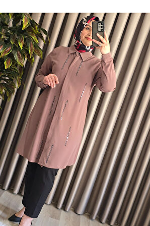 Kadın Tesettür Giyim Büyük Beden Şerit Taşlı Krep Gömlek 