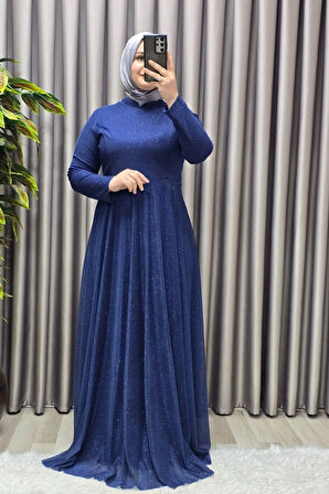 Kadın Tesettür Büyük Beden Giyim Simli  Pelerinli Abiye 