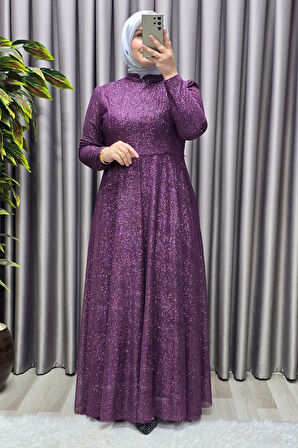 Kadın Tesettür Büyük Beden Giyim Simli  Pelerinli Abiye 