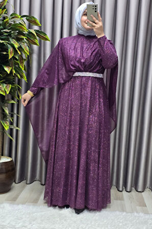 Kadın Tesettür Büyük Beden Giyim Simli  Pelerinli Abiye 